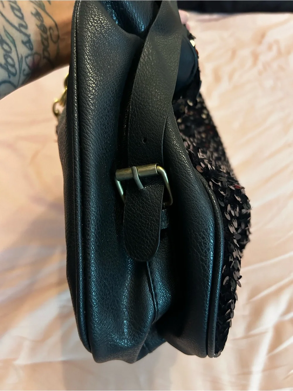 Maomaobag Black Sequin Hobo Bag with Gold Chain Handles